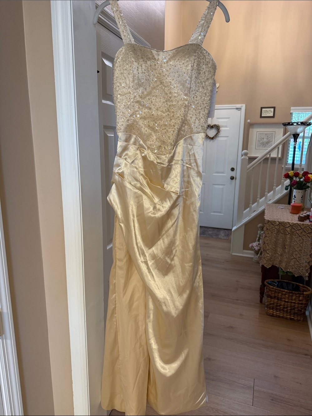 Champagne Sequin Lace-Up Formal
Gown, new, size 4 new with tags